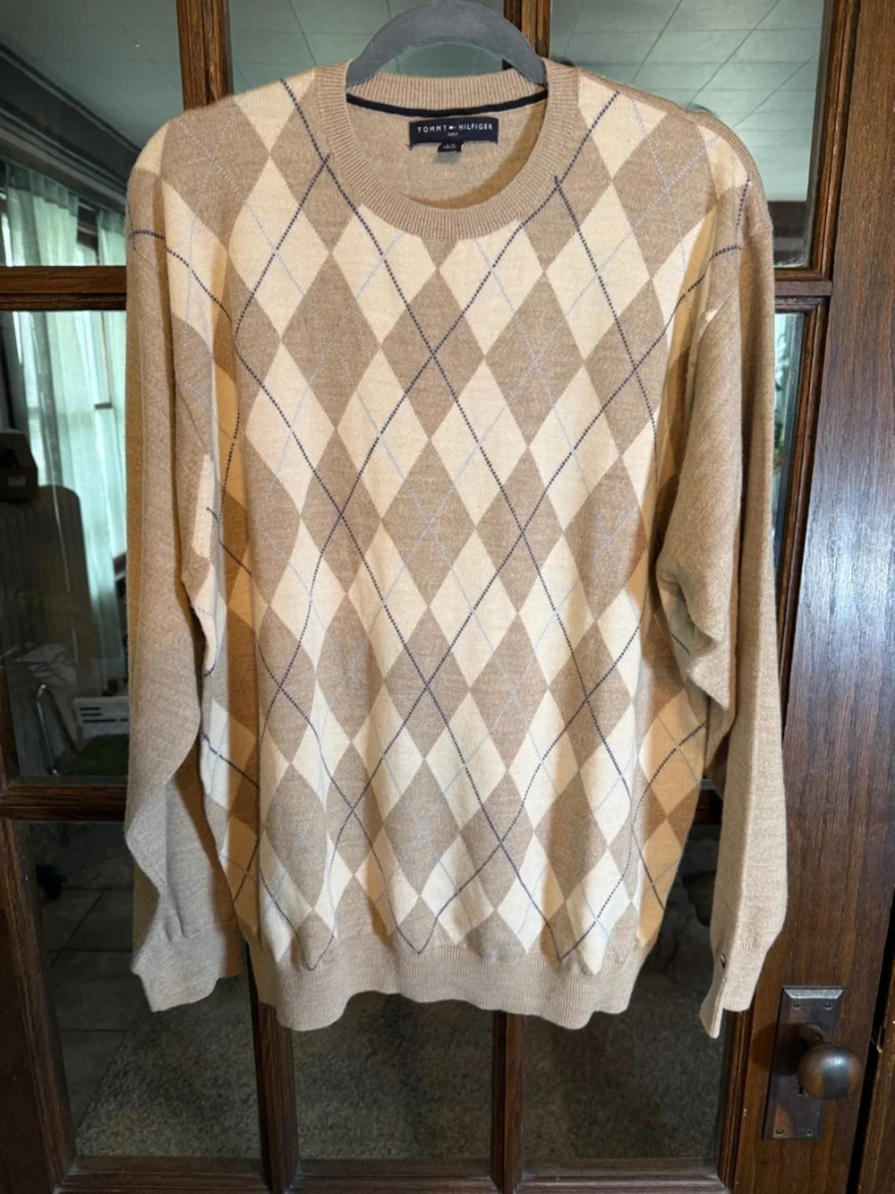 Tommy Hilfiger Golf Mens Argyle Sweater Tan‎ Blue 100% Merino Wool Crew Neck L